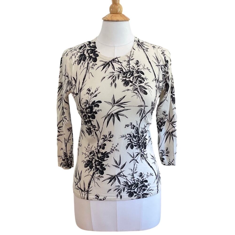 Ann Taylor Loft Cream Black 3/4 Sleeve Floral Sweater, Coquette, Size XS
